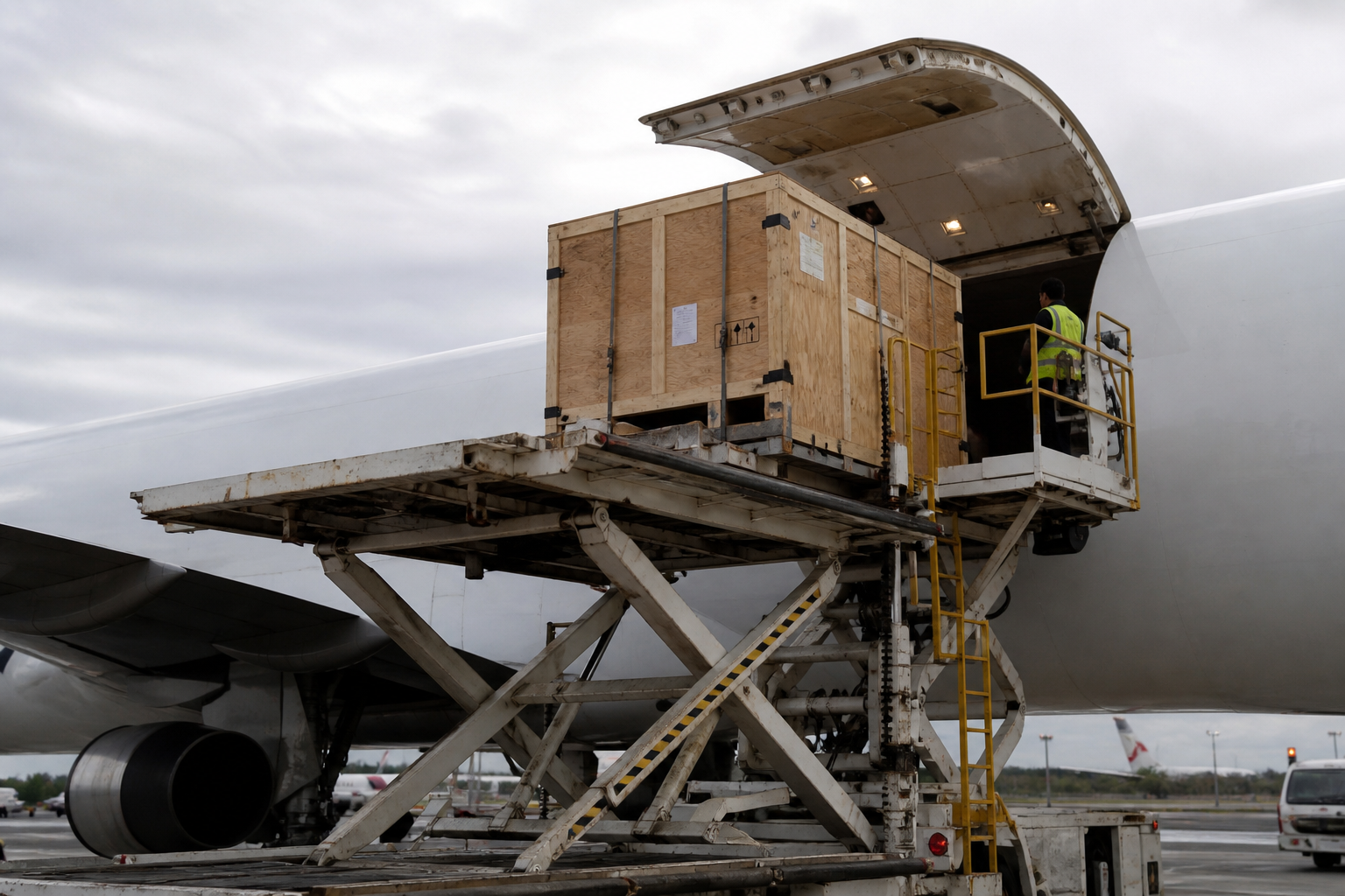 Air cargo loading of fine art crates onto a freighter aircraft