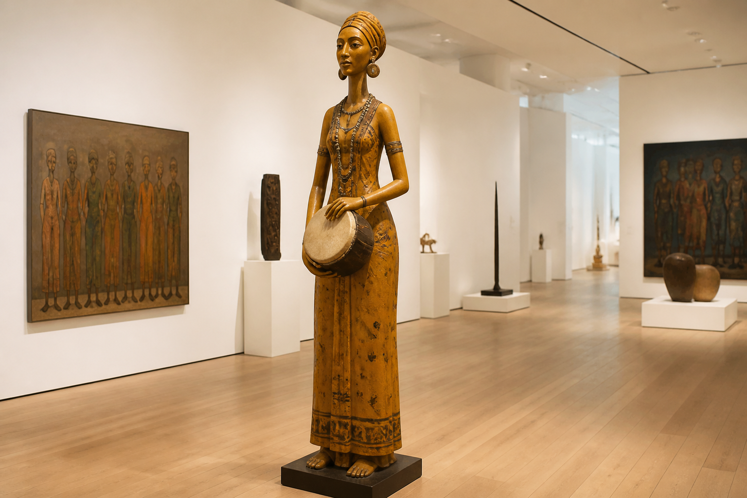 Tall tribal sculpture installed in a modern government gallery space