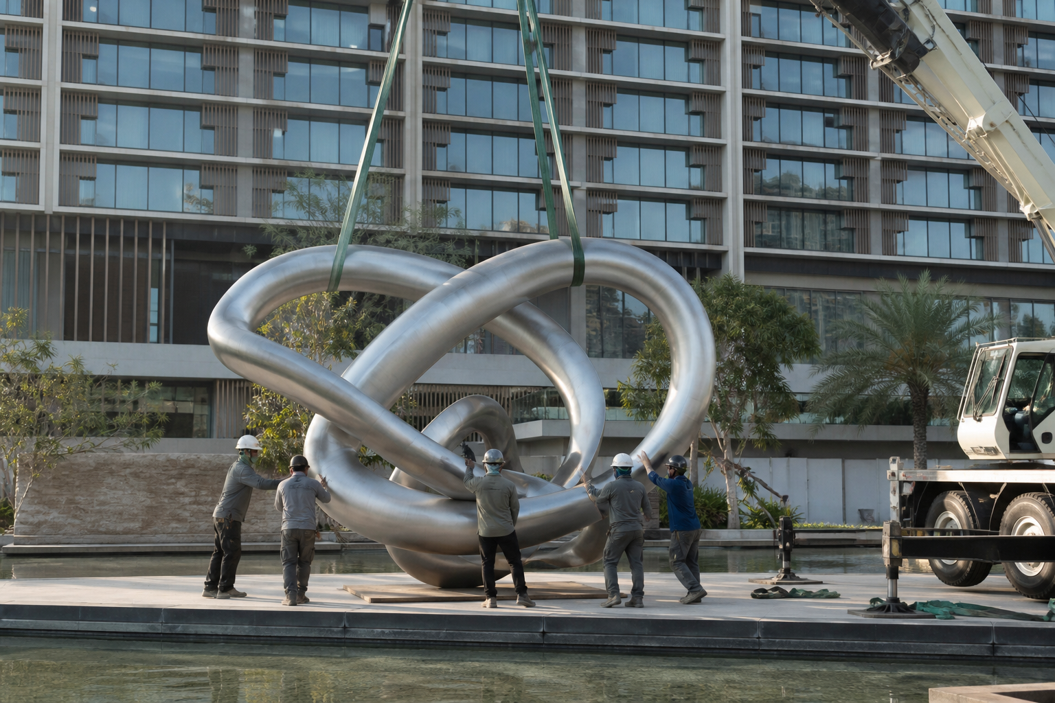 Team installing a large outdoor sculpture at a hotel site with crane support