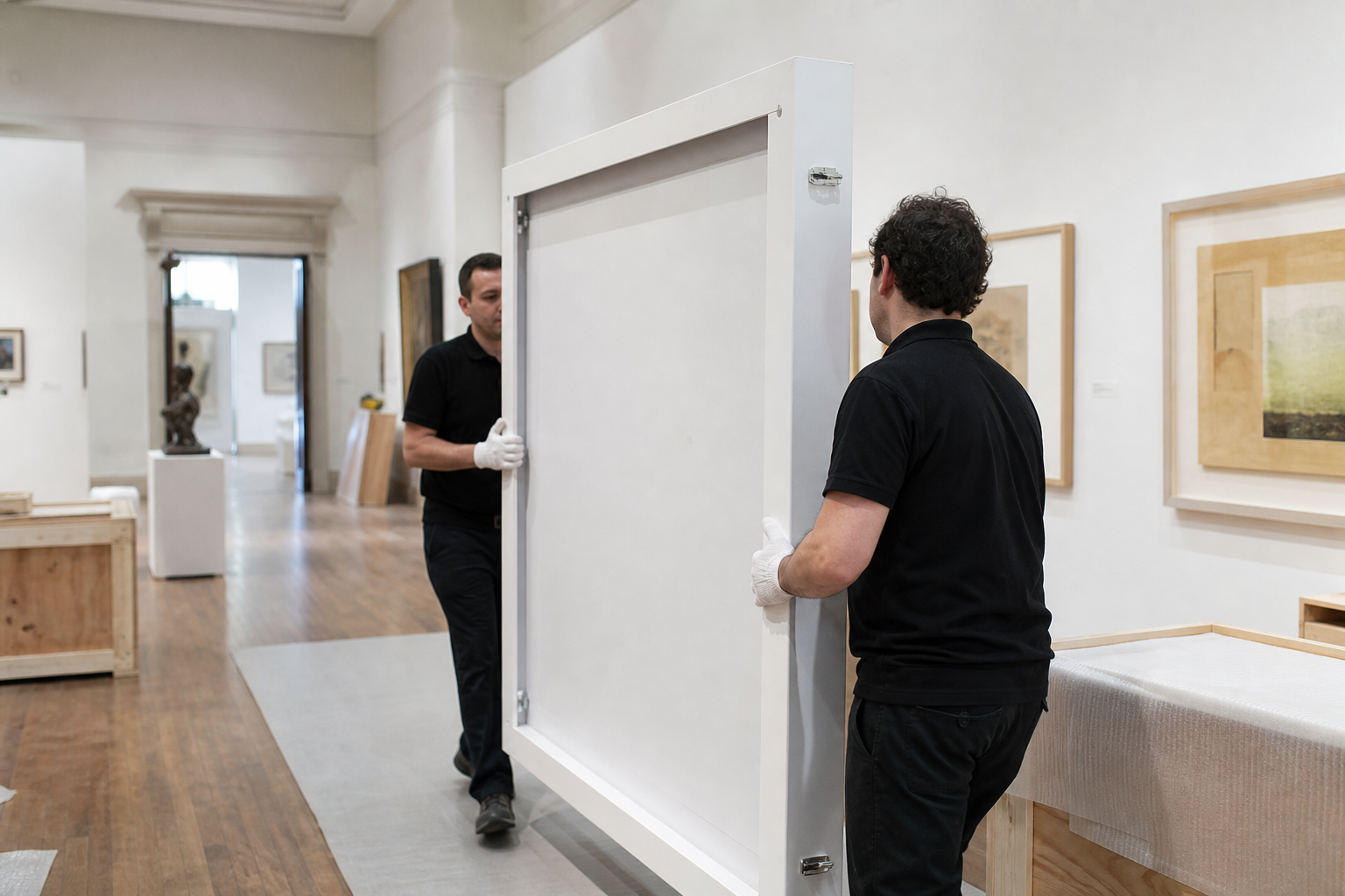 Art handlers carrying bespoke travel frames after an exhibition close-out