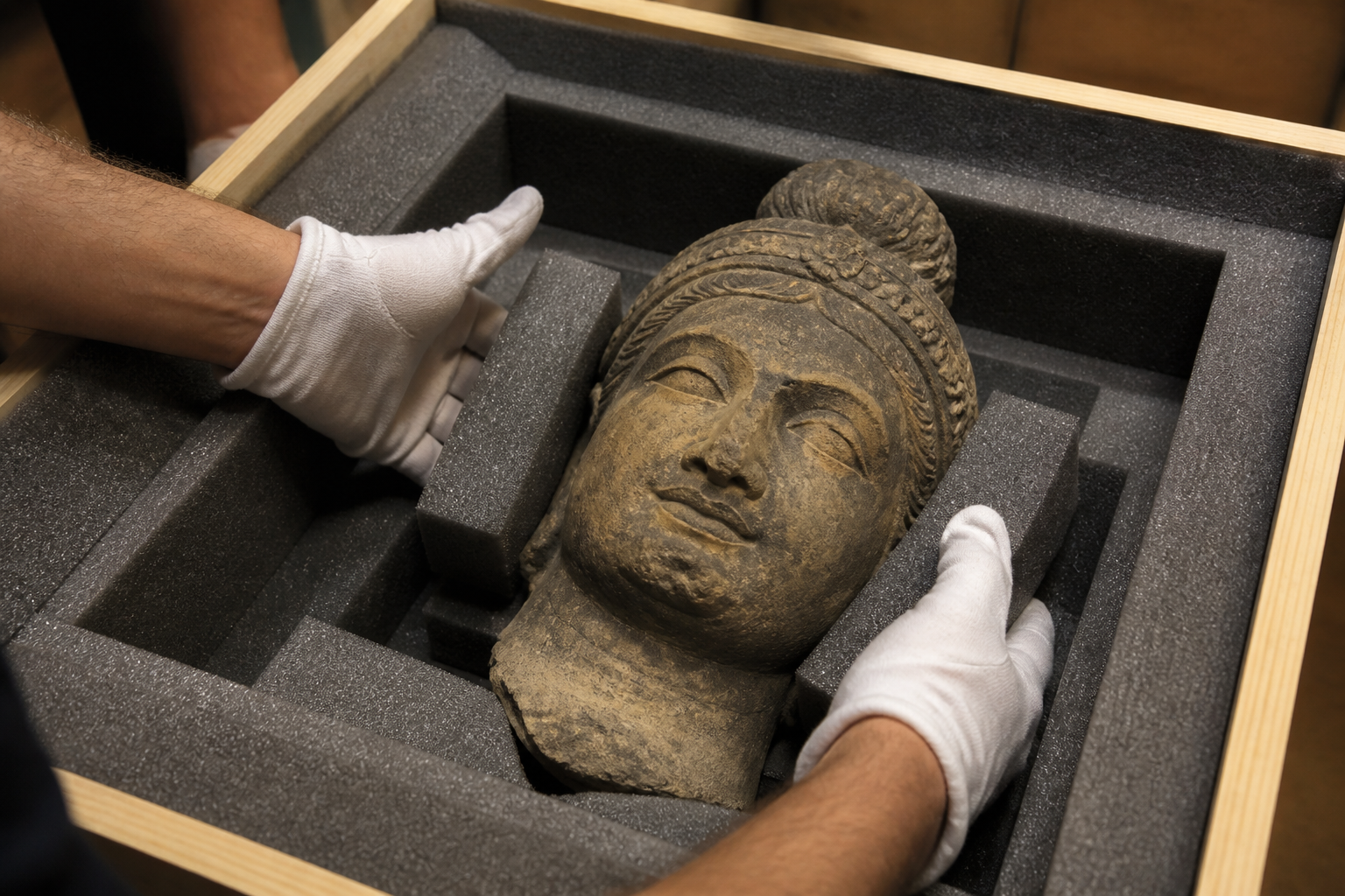 Sculpture head secured with custom foam cushioning inside a crate
