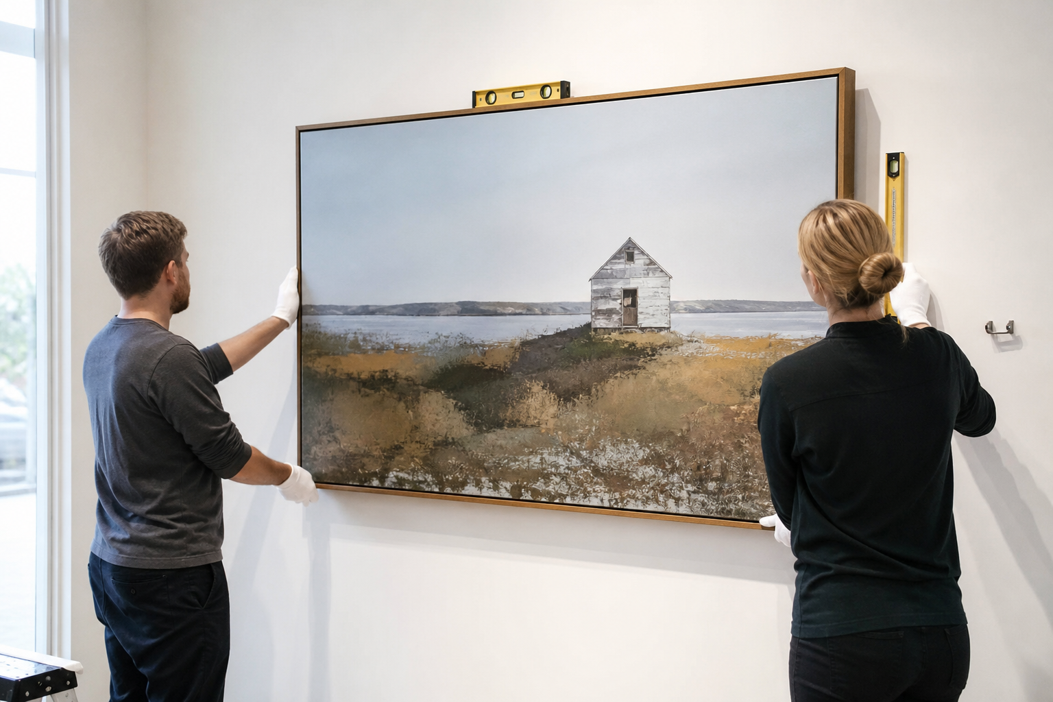 Professional fine art installation using a spirit level on a gallery wall