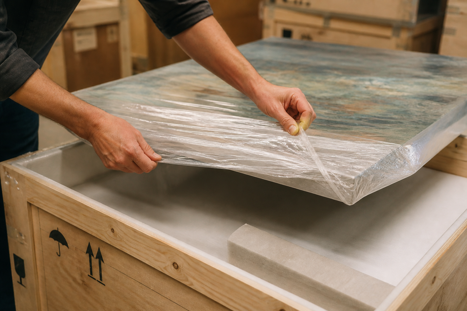 Art handler wrapping a painting in protective film over a wooden shipping crate